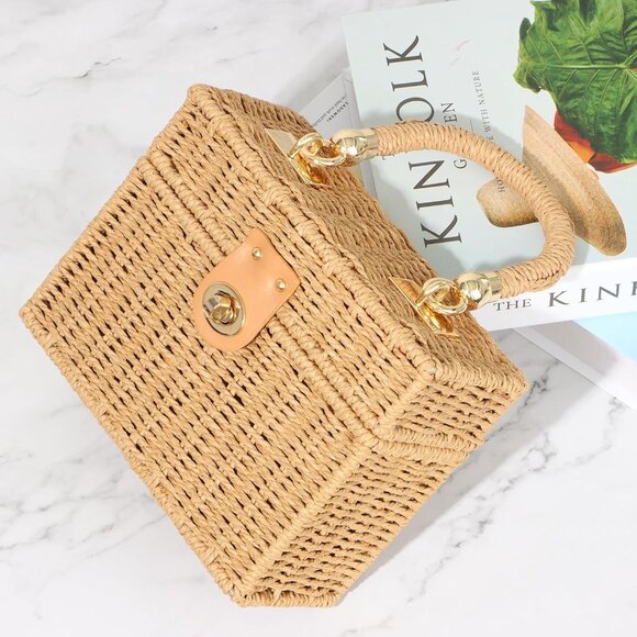 Women Straw Handwoven Tote Bag Square Boho Crossbody for Summer Beach - Picture 7 of 7